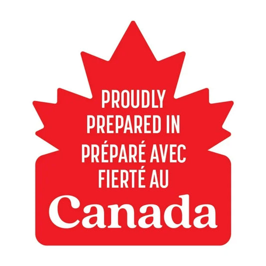 Red maple leaf-shaped logo with text 'Proudly Prepared in Canada' on a white background