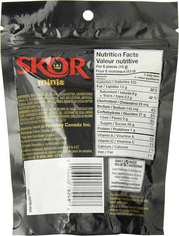 Skor Minis packaging with nutrition label on a reflective surface
