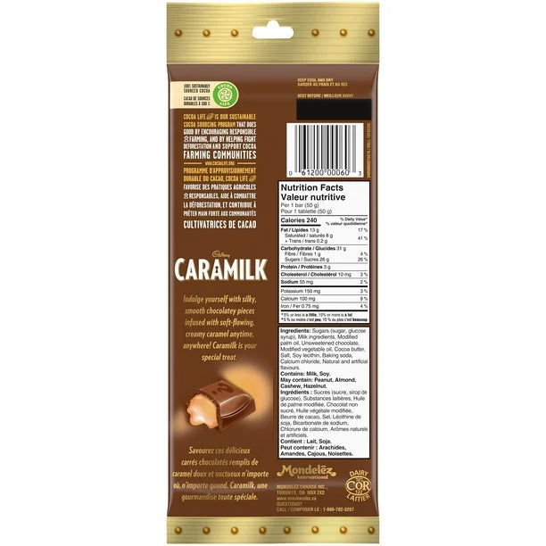 Caramilk chocolate bar packaging with nutritional information on a white background