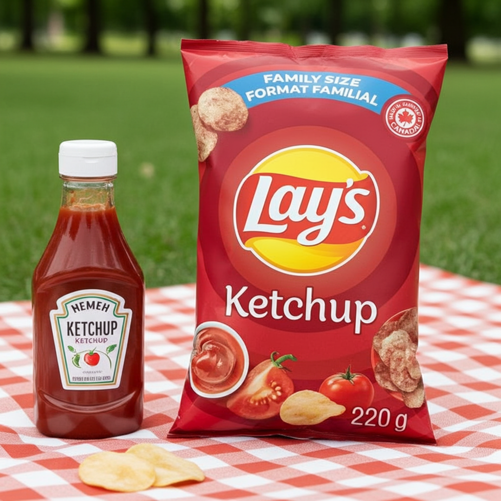 Lay's Ketchup packet and bottle on a checkered tablecloth with grass background
