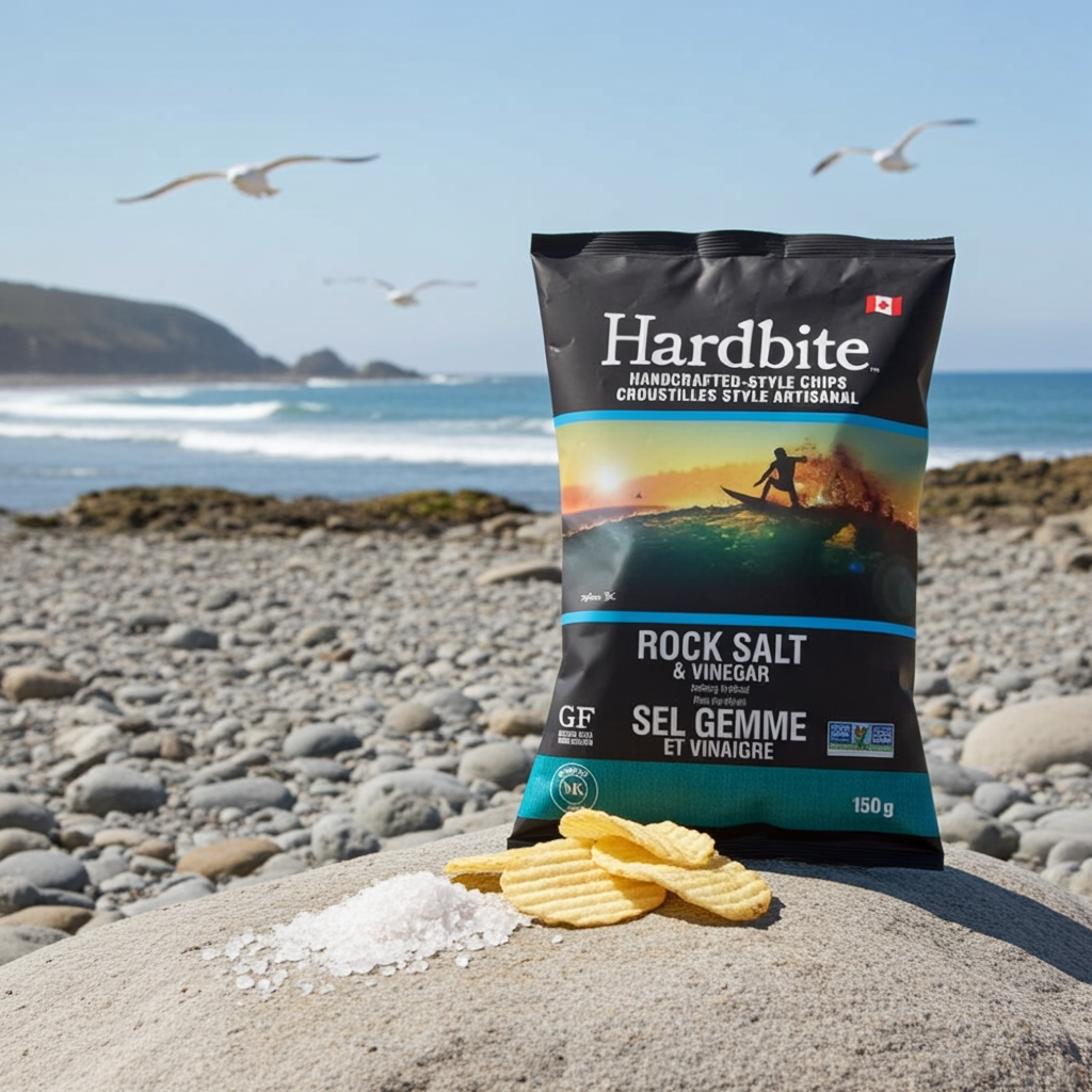 Hardbite chips with rock salt and vinegar flavor on a beach with seagulls and ocean in the background