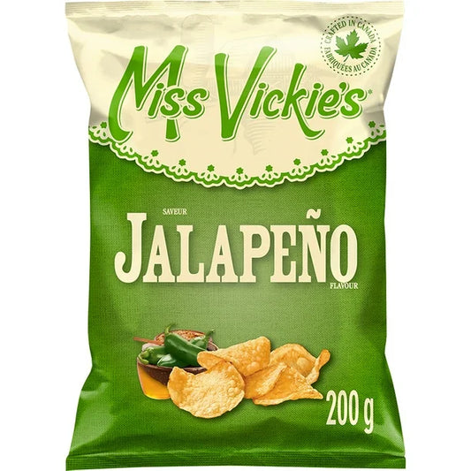 Green package of Miss Vickie's Jalapeño chips on a white background