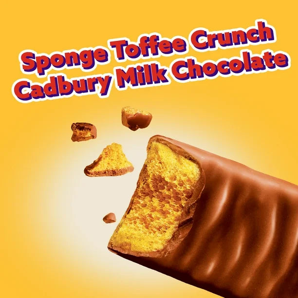 Cadbury Milk Chocolate with sponge toffee crunch on a yellow background