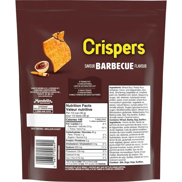 Back view of a 'Crispers' barbecue flavor snack package with branding and nutritional information.