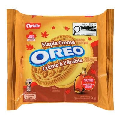 Packaging of Christie Maple Creme Oreo cookies on a white background