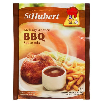 St Hubert BBQ sauce mix package with chicken, fries, and sauce on a plate.