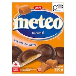A 280 g box of Dare Meteo Caramel cookies, featuring the orange and blue brand logo and images of chocolate-covered caramel cookies.