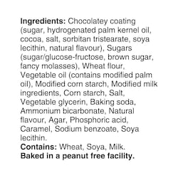 A text panel listing the ingredients for chocolate coating, including sugar, palm kernel oil, cocoa, salt, soya lecithin, wheat flour, vegetable oil, modified corn starch, corn starch, baking soda, and soya lecithin, with a note that it is baked in a peanut-free facility.