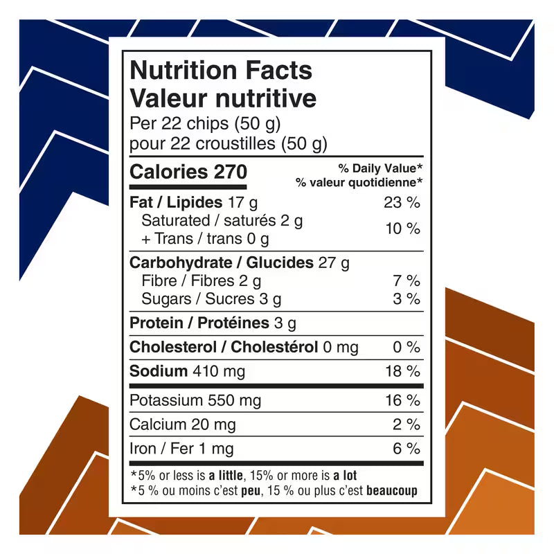 Nutrition facts label for a snack product with blue and brown abstract design elements.