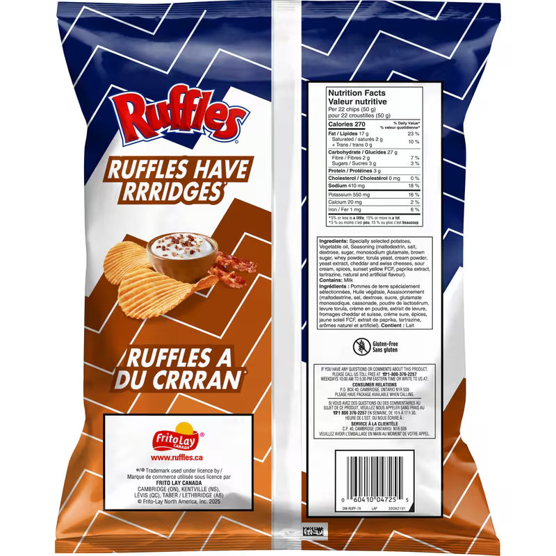 Ruffles potato chips packaging with branding and product details.