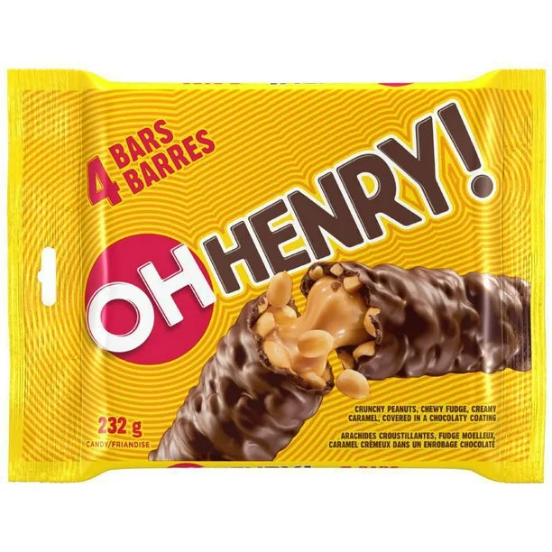 Oh Henry! chocolate bar package with a yellow background