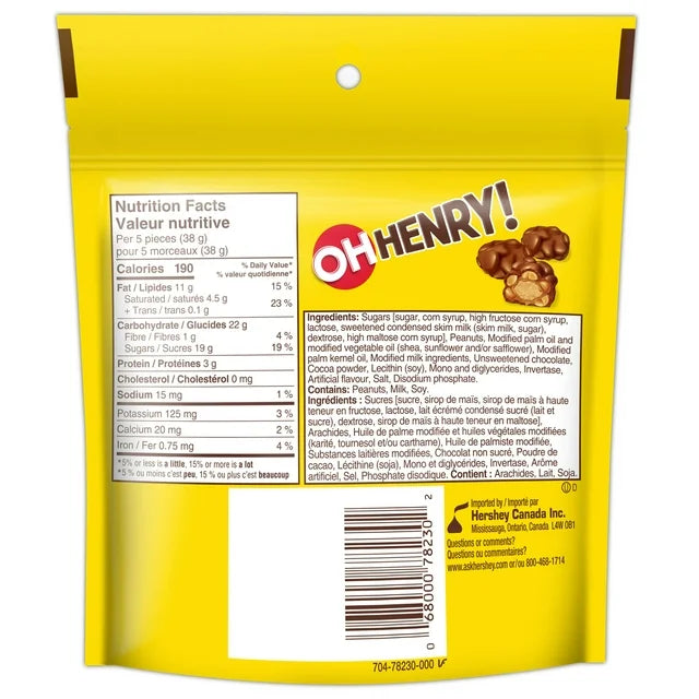 Yellow Oh Henry! candy package with nutrition facts and ingredients listed.