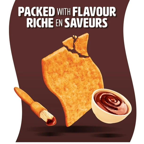 Product packaging with a piece of fried food and a bowl of sauce, labeled 'Packed with Flavour Riche en Saveurs'.