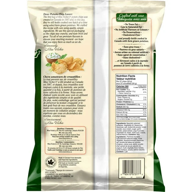 Croustilles Crème Sûre, Fines Herbes et Oignon Miss Vickie's 200 g