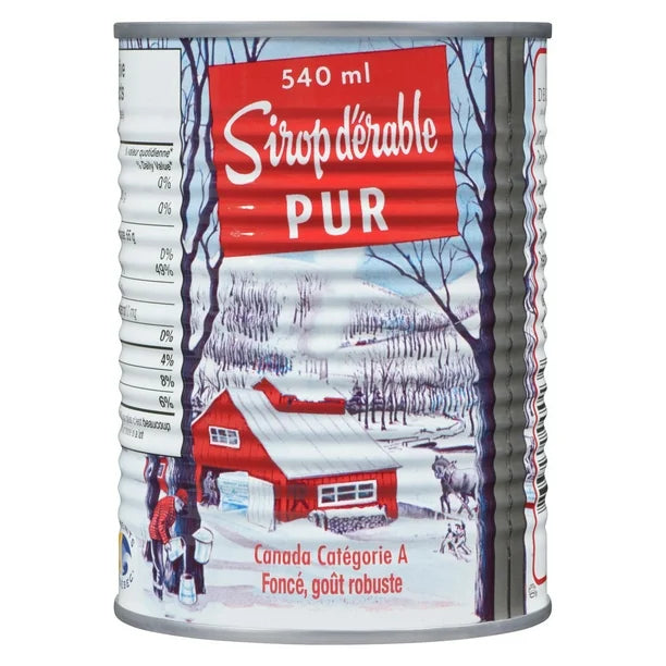 Can of Sirop d'erable Pur with winter scene design on label