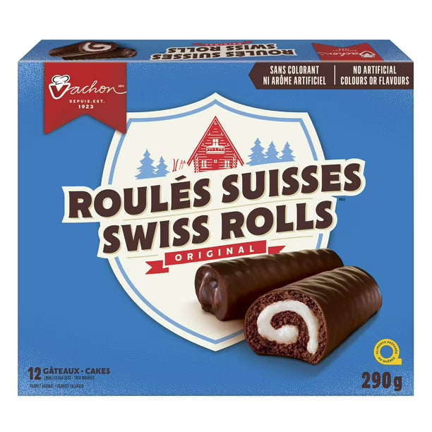 Box of Roulés Suisses Swiss Rolls with a blue background and chocolate rolls illustration.