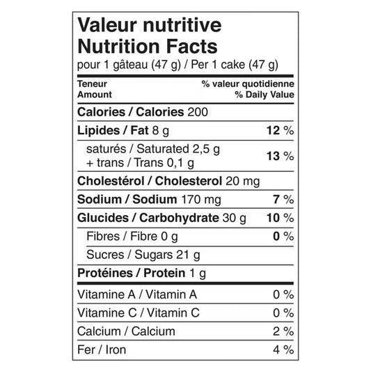 Nutrition facts label for a cake on a white background