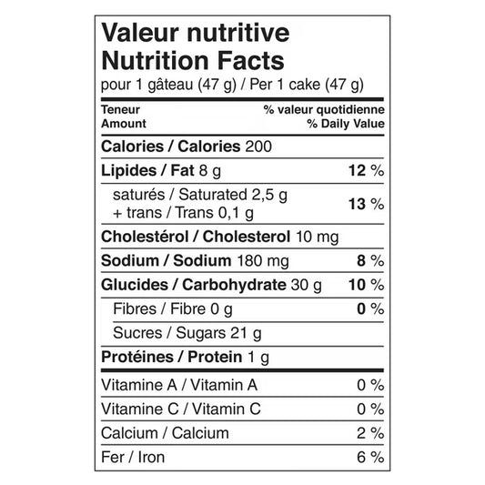 Nutrition facts label for a cake on a white background