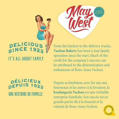 Vintage-style advertisement for May West with a pin-up girl and text about Vachon Bakery.