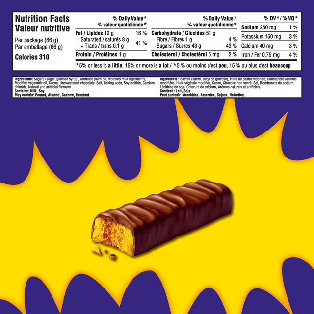 Barre chocolatée Cadbury Crunchie Format familial (66g)