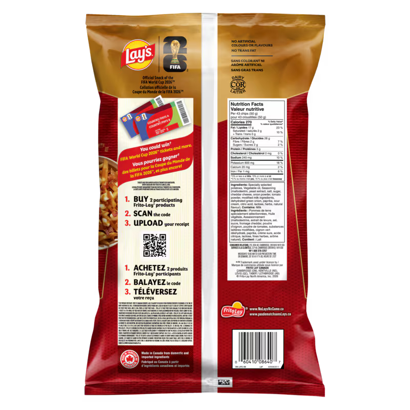 Lay's potato chip bag with nutritional information and QR code on a white background