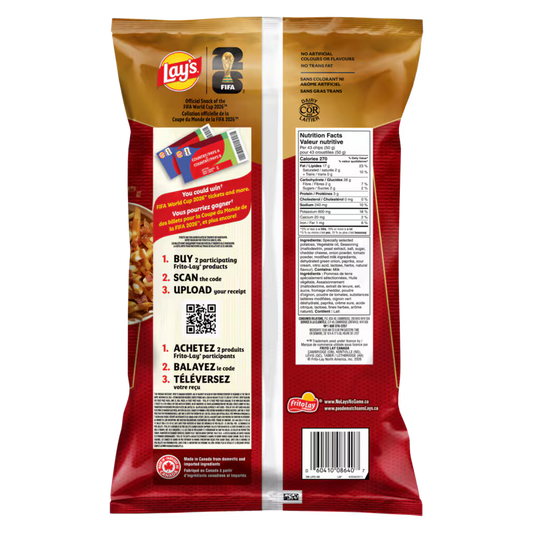 Lay's potato chip bag with nutritional information and QR code on a white background