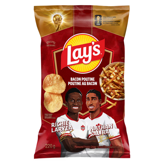 Lay's Bacon Poutine flavored potato chips packaging with two athletes on a red background