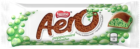 Nestle Aero peppermint chocolate bar packaging with green and white design.