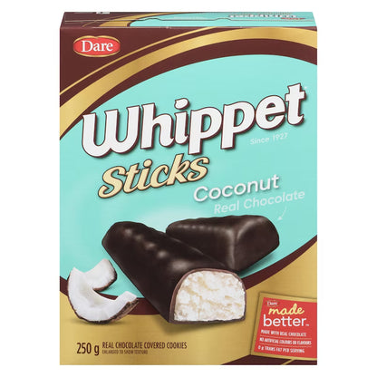 Box of Dare Whippet Sticks Coconut Real Chocolate on a white background