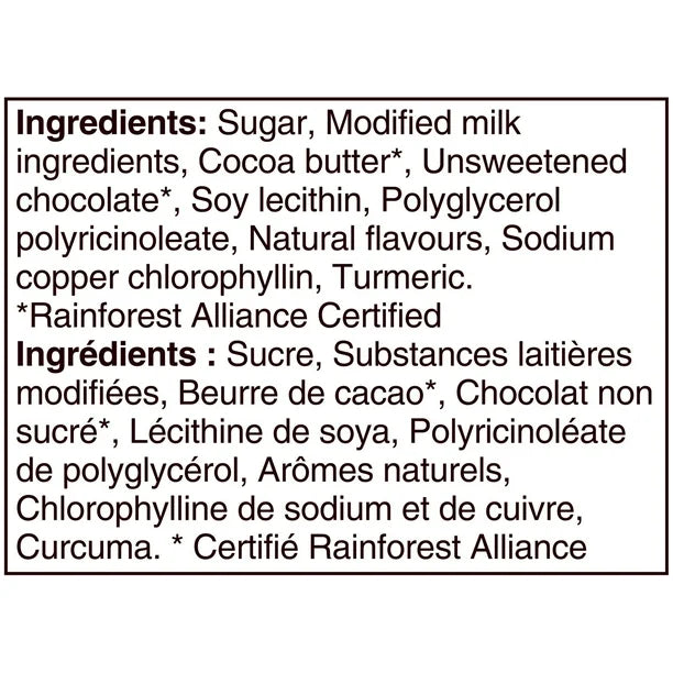 List of ingredients with a focus on chocolate product, including sugar, cocoa butter, and turmeric.