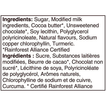 List of ingredients with a focus on chocolate product, including sugar, cocoa butter, and turmeric.