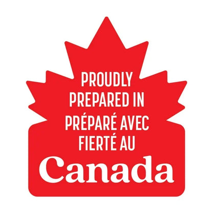 Red maple leaf-shaped logo with text 'Proudly Prepared in Canada' on a white background