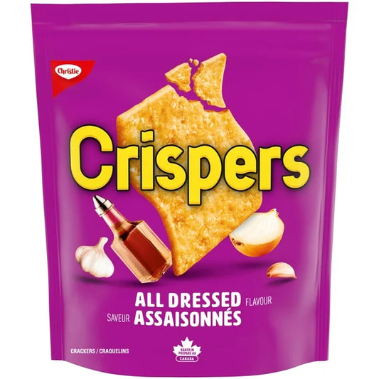 Purple package of Crispers All Dressed crackers with a cracker and seasonings on a white background