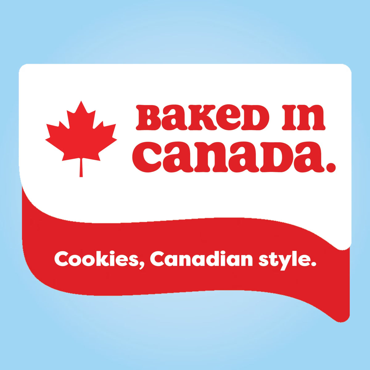 A square graphic with rounded corners on a light blue background. The design shows a red maple leaf and the words 'Baked in Canada.