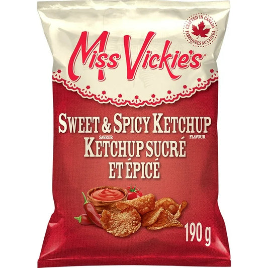 Miss Vickie's Sweet & Spicy Ketchup flavored chips packaging on a white background