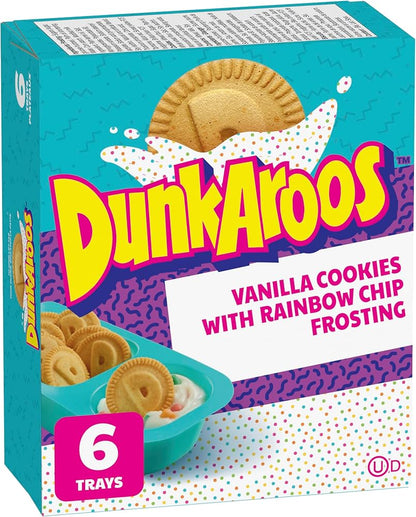 Box of DunkAroos vanilla cookies with rainbow chip frosting, featuring colorful design and text.