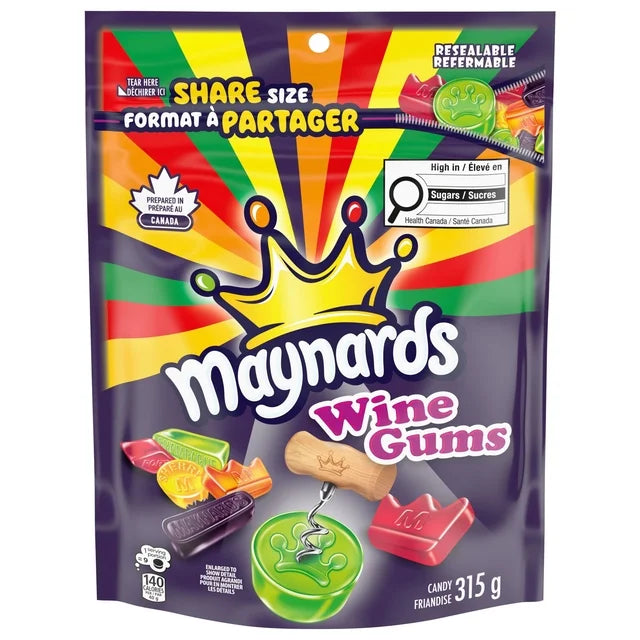 Maynards Wine Gums packaging with colorful design and brand logo.