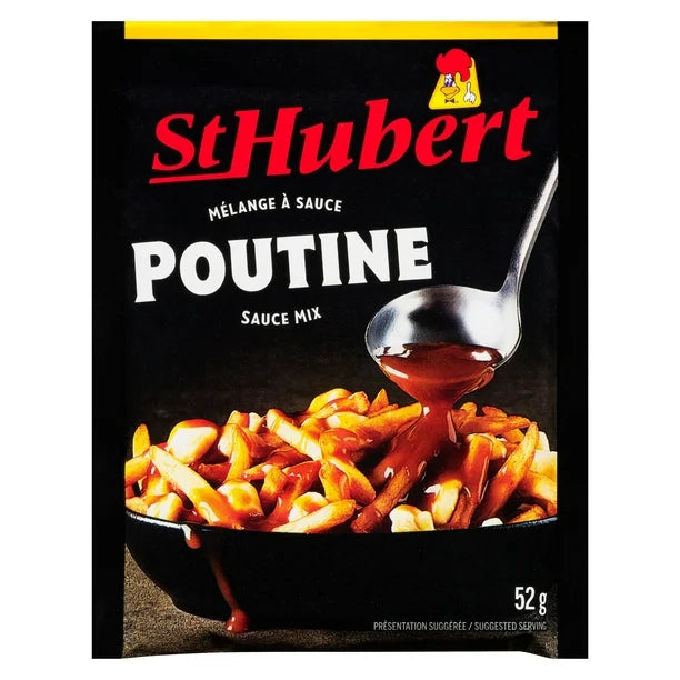 St Hubert Poutine sauce mix packaging with a spoon and fries on a black background