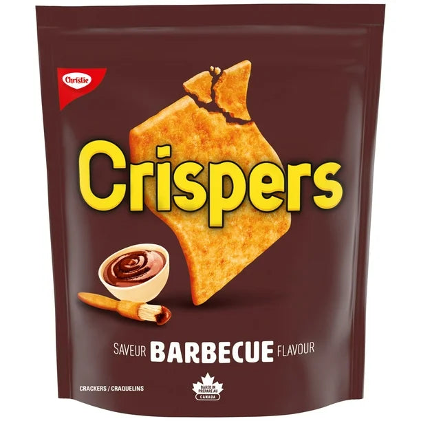 Crispers barbecue flavor snack package with a brown background