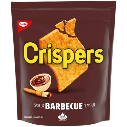 Crispers barbecue flavor snack package with a brown background