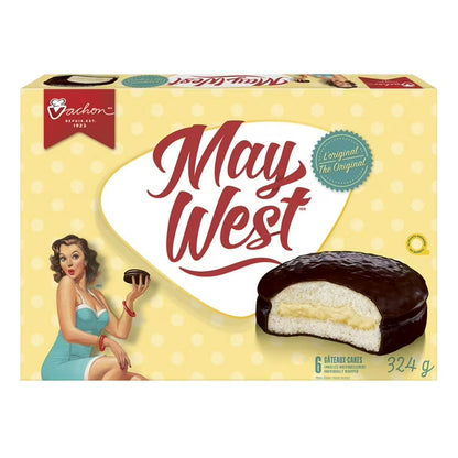 May West cookie packaging with a vintage-style illustration of a woman holding a cookie.