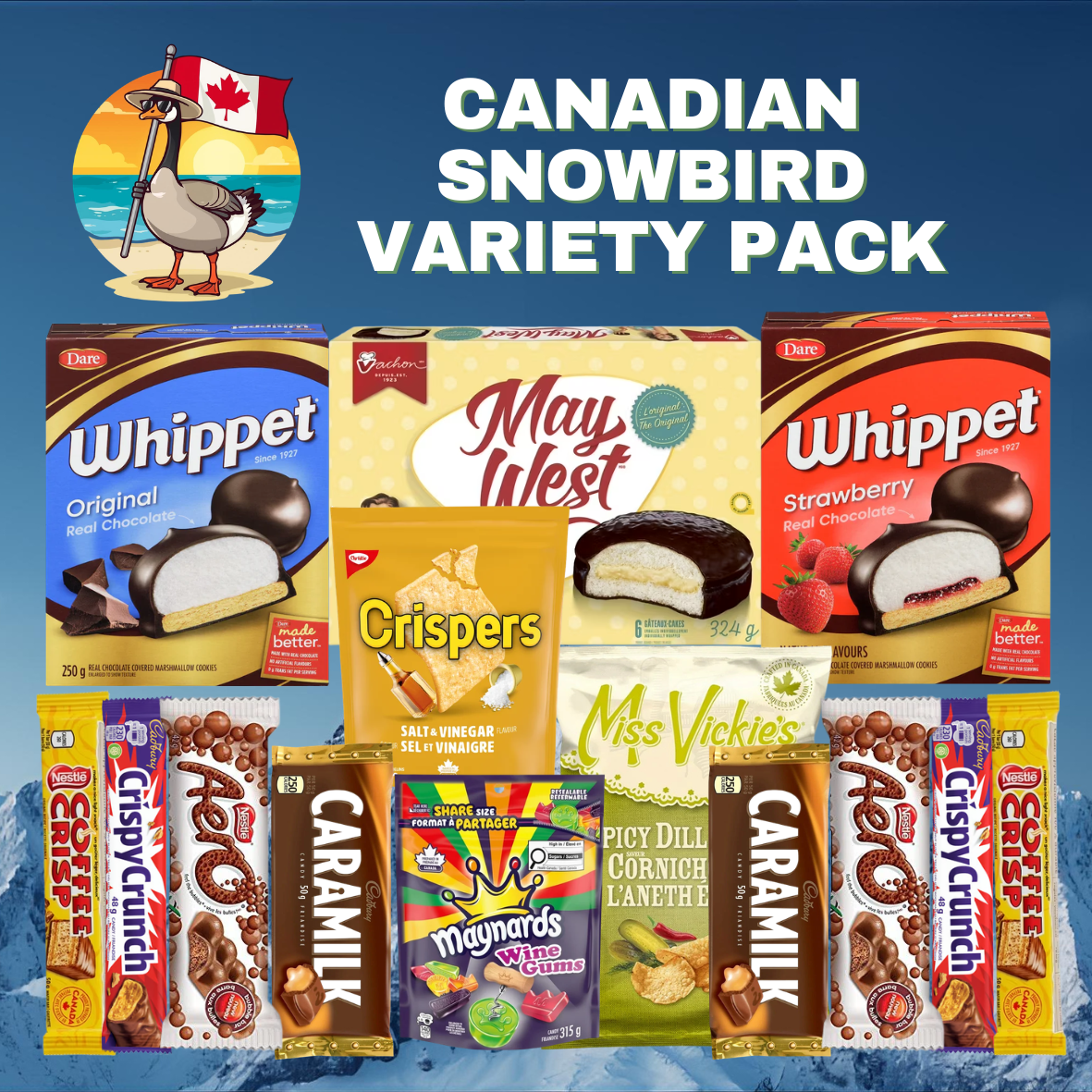 Canadian Snowbird Variety Pack with various snack products on a blue background