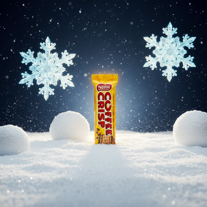 Nestle Coffee Crisp bar in a snowy landscape with snowflakes