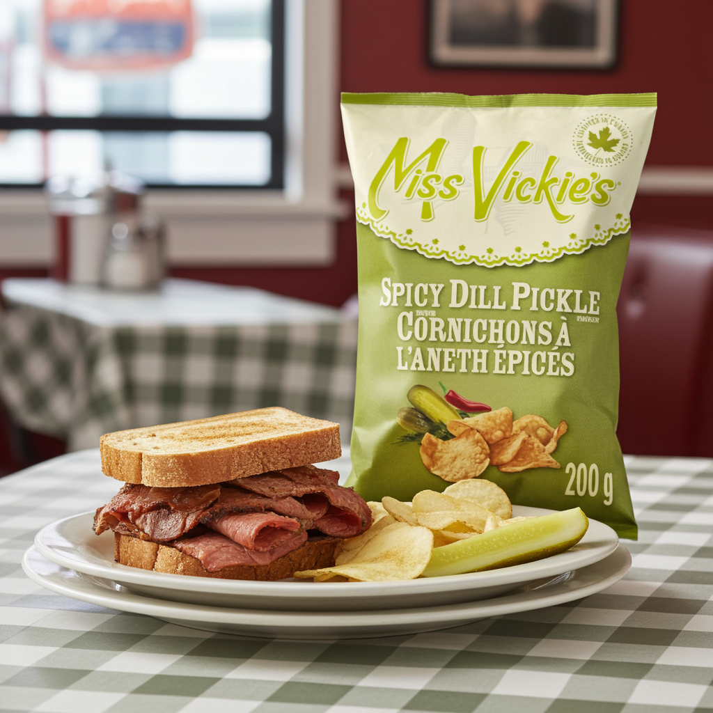 Miss Vickie's Spicy Dill Pickle chips on a plate with a sandwich and pickles, in a casual setting.