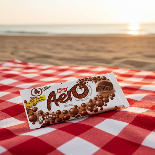 Nestle Aero chocolate bar packaging on a red and white checkered tablecloth