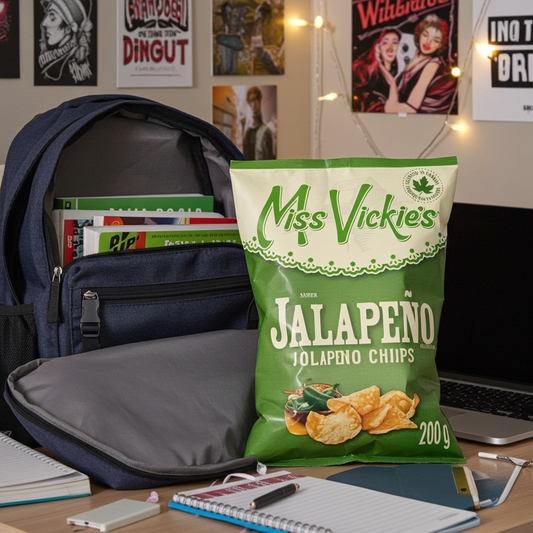 Green bag of Miss Vickie's Jalapeno chips on a desk with a backpack and school supplies.