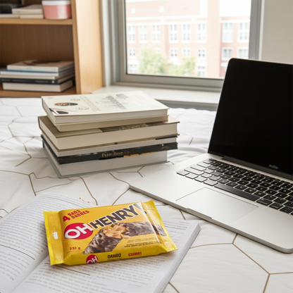 Laptop on a desk with books and an Oh Henry! chocolate bar