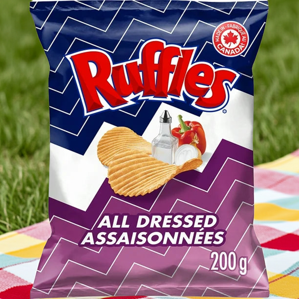 Ruffles potato chips bag with seasoning ingredients on a grassy background
