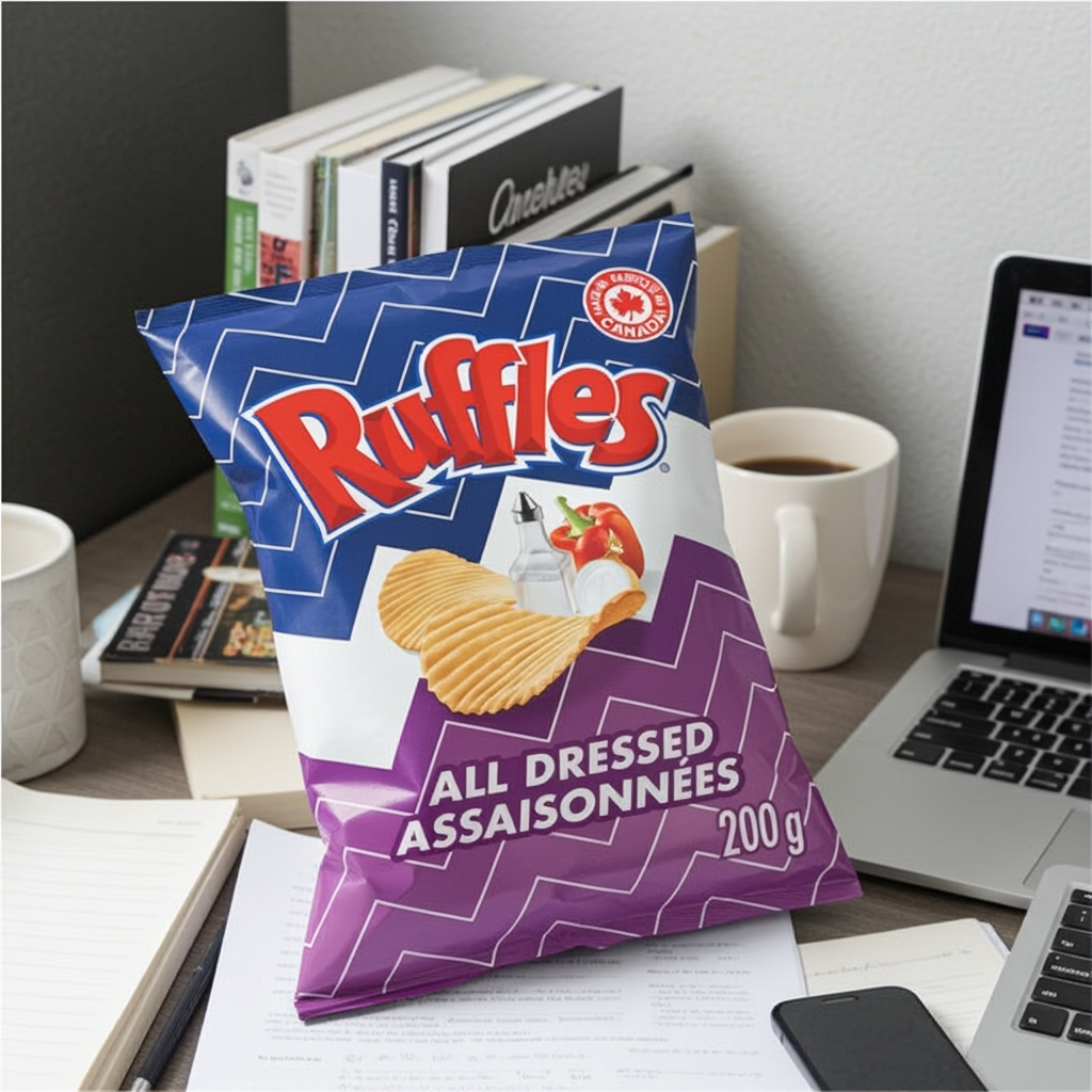 Ruffles potato chips bag on a desk with books, coffee, and a laptop.