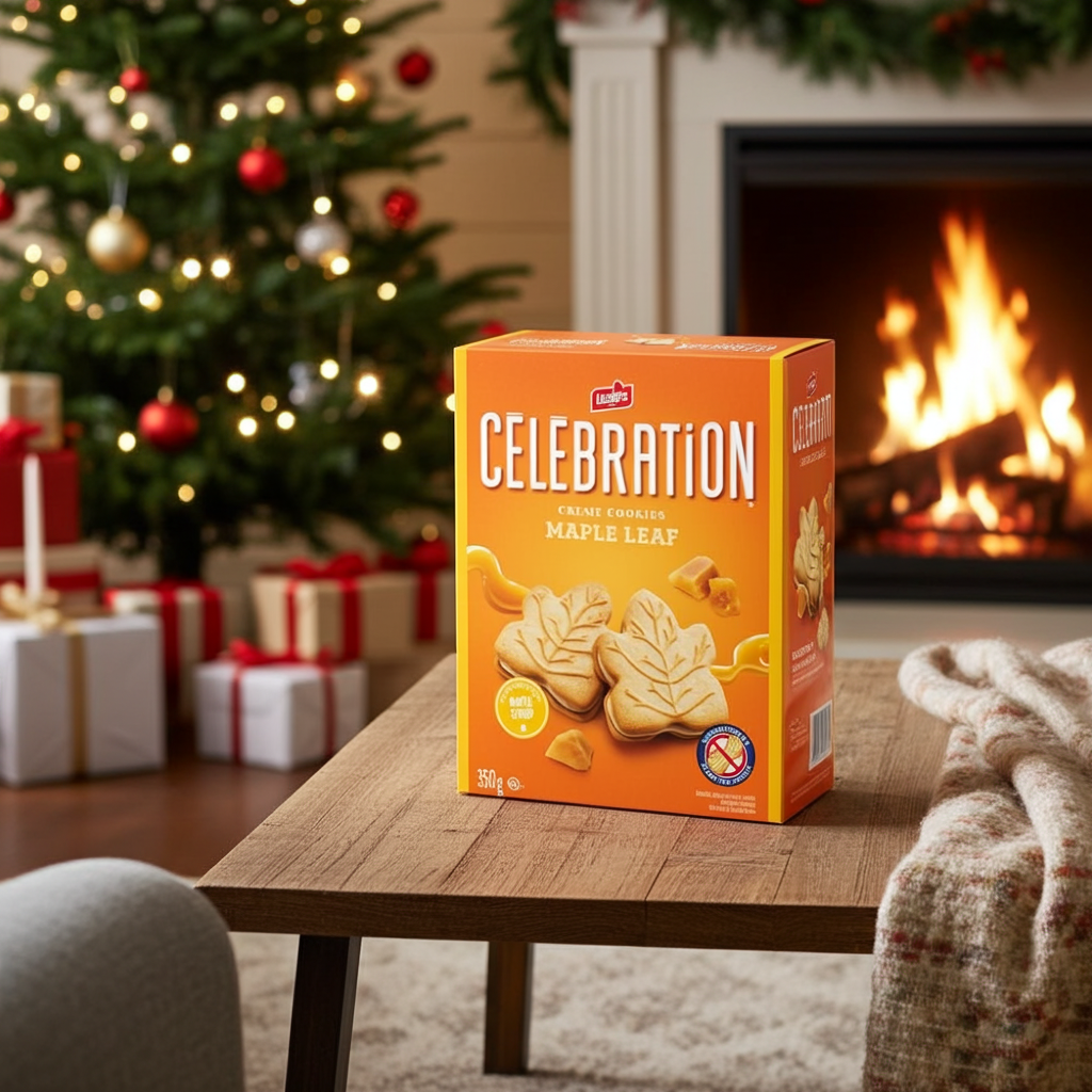 A box of Maple Leaf Celebration flavored popcorn sits on a wooden table in a cozy living room setting with a burning fireplace, a decorated Christmas tree, and wrapped gifts in the background.